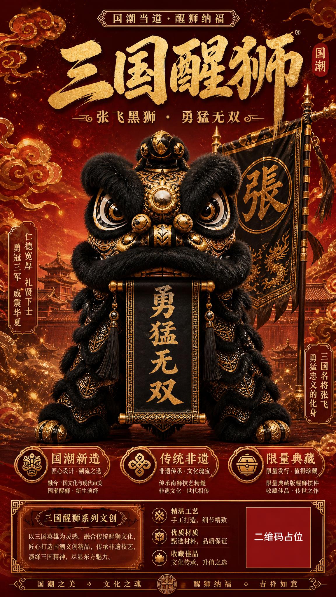 国潮醒狮海报，画面主体是一只张飞黑狮，黑色狮身#1A1A1A，… - 图片创意预览