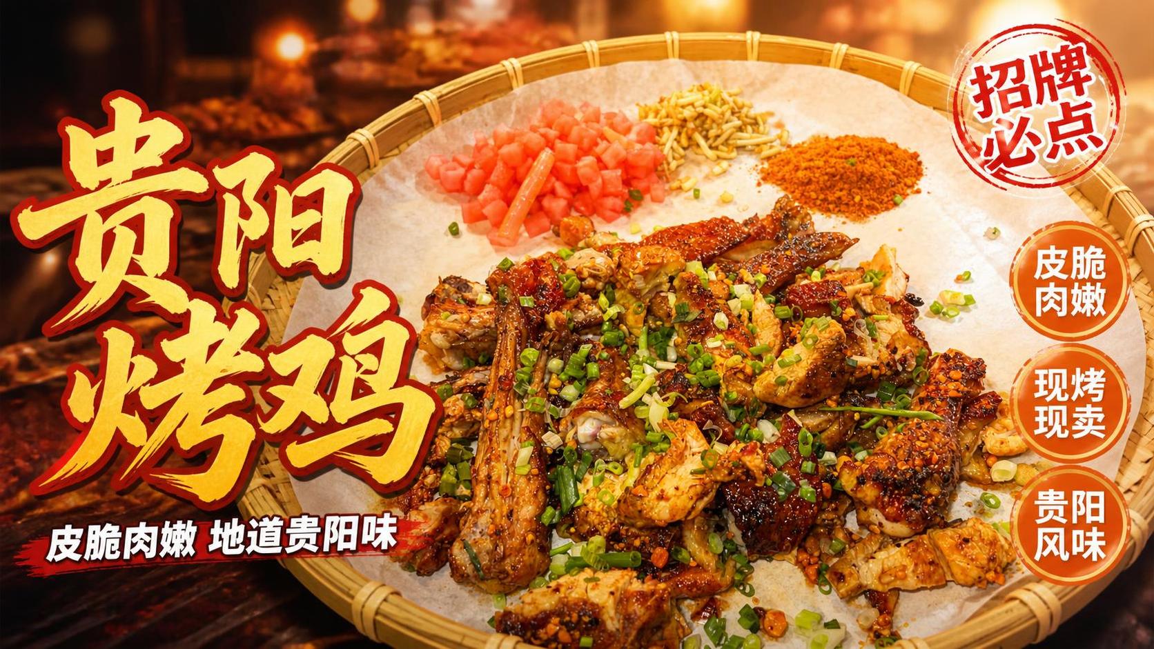 将这张贵阳烤鸡美食图制作成横版宣传海报，16:9比例。保留原图… - 图片创意预览