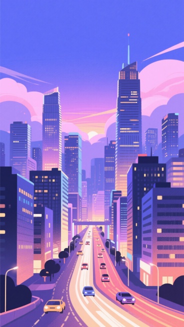 城市夜景插画，高楼大厦林立，灯火璀璨，天空呈现出渐变的蓝紫色，远处的云层被霞光染成淡淡的粉紫色，城市中的道路上车辆川流不息，形成一道道流动的光带，整体画面充满了现代都市的繁华与浪漫氛围，采用扁平化的设计风格，线条简洁流畅，色彩明快鲜亮，建筑的轮廓清晰可见，光影效果柔和自然，给人一种宁静而又充满活力的感觉。预览效果