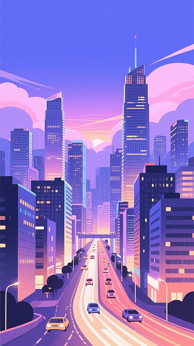 城市夜景插画，高楼大厦林立，灯火璀璨，天空呈现出渐变的蓝紫色，远处的云层被霞光染成淡淡的粉紫色，城市中的道路上车辆川流不息，形成一道道流动的光带，整体画面充满了现代都市的繁华与浪漫氛围，采用扁平化的设计风格，线条简洁流畅，色彩明快鲜亮，建筑的轮廓清晰可见，光影效果柔和自然，给人一种宁静而又充满活力的感觉。