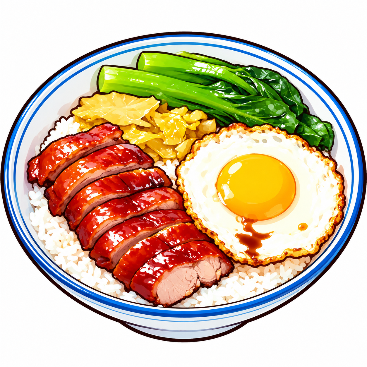 将这张叉烧饭照片转换为Q版卡通手绘美食插画风格，粗黑描边，鲜艳… - 图片创意预览