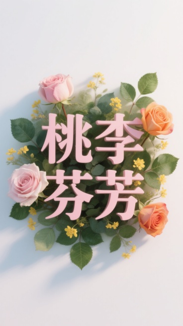 画面主体是 “桃李芬芳” 字，由多种颜色的花朵和绿叶环绕组成，包括粉色、浅粉色、橙色的玫瑰，以及黄色的小花和绿色的叶片，整体呈现出自然柔和的水彩晕染效果，花瓣和叶片的纹理细腻。背景为纯白色，突出字体本预览效果