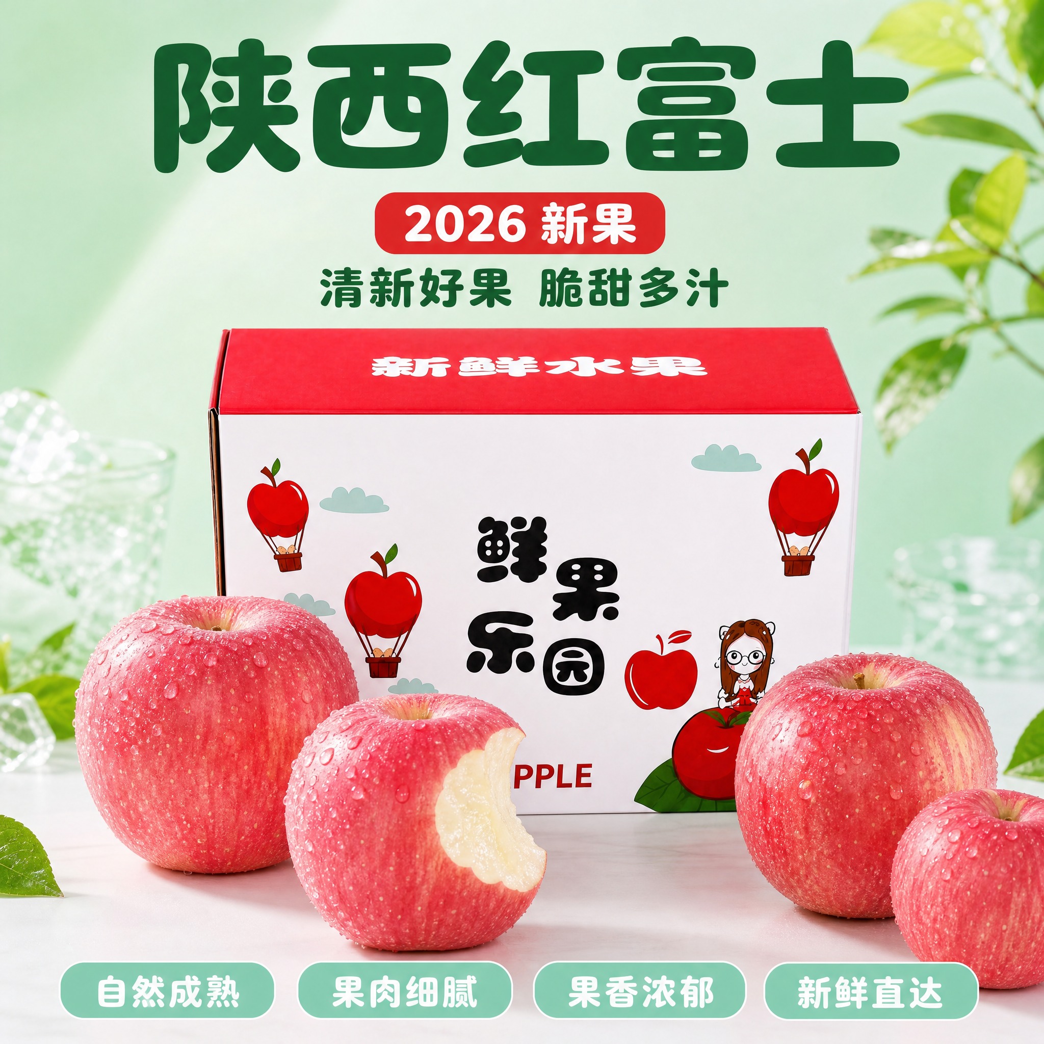 [主图-5] 薄荷绿清新款陕西红富士苹果主图，核心任务是展现清… - 图片创意预览