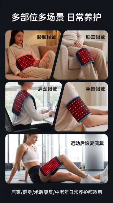 「图片1」第 1 屏：首屏海报主视觉
画面需求：真人腰部佩戴理疗垫实景图，亮起红光；大字标题直击酸痛痛点
文案模块：主标题 + 副标语 + 3 个图标速览核心卖点
排版：左文案右实景大图，蓝黑产品配色预览效果