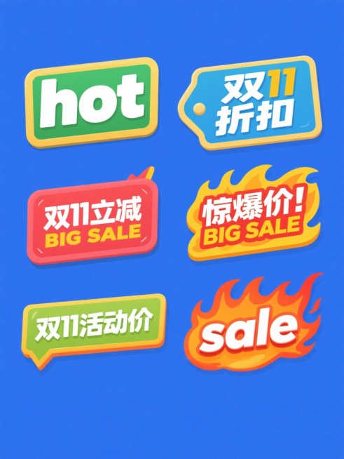 6个规整排布的促销标签素材，每个标签为单一纯色背景，标签内分别包含"hot"、"双11折扣"、"双11立减"、"双11满减"、"双11活动价"、"sale"文案元素，整体设计风格为平面卡通风格，色彩鲜明对比强烈，文字采用无衬线粗体字体，具有醒目的视觉层级和促销氛围，类似火焰特效"惊爆价 BIG SALE"的设计感，信息传达直接高效，适合电商促销场景。预览效果