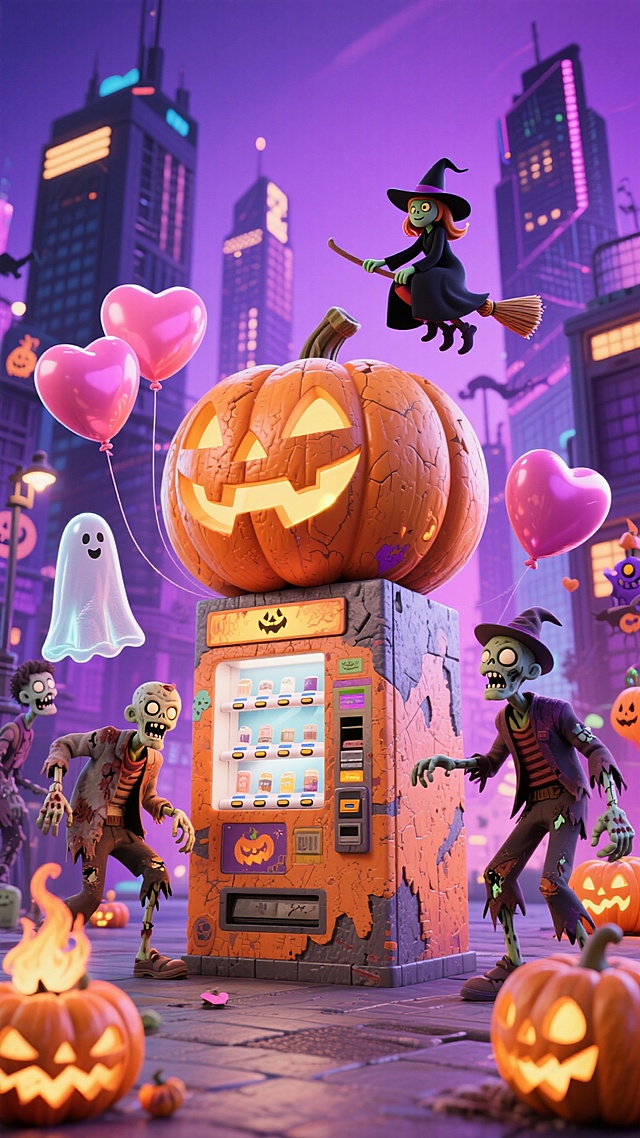 画面中有南瓜造型的售货机，周围环绕僵尸、女巫、幽灵、南瓜灯等元素，空中漂浮粉色爱心气球，背景是充满奇幻感的都市建筑，整体风格卡通梦幻，色彩以紫、橙为主
