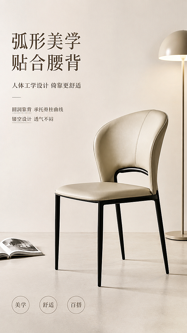 [第2张] 设计美学页-奶油风弧形靠背造型设计叙事。本张使用【图1】作为商品主体，单把餐椅特写展示造型美感。
[氛围/风格] 极简艺术感，奶油侘寂风，高级杂志大片质感，柔和静谧。
[元素布局] 单把米色餐椅置于画面中央偏右，占比约55%，侧面视角突出弧形靠背优美曲线；左侧大面积留白做文案区；背景为纯色艺术涂料墙面，地面是微水泥质感，角落放置一盏极简落地灯+一本打开的杂志；餐椅靠背的圆润弧度、中间镂空设计、缝线细节与输入产品图一致。
[光影质感] 顶部柔光箱均匀打光，侧面轮廓光勾勒靠背曲线，椅面皮革有细腻纹理光泽，阴影柔和有层次。
[配色色系] 全局底色 #F8F4ED（奶杏白）；主色米杏色；辅助色浅咖色、奶白色；文字深棕色。
[视角构图] 平视侧面视角，居中偏右构图，大量留白突出设计感，阅读动线左上文→中部产品→底部标签。
[文字版式] 左上大标题区。主标题「弧形美学 贴合腰背」，副标题「人体工学设计 倚靠更舒适」；主标题超大号衬线字体，艺术化排版；下方两行小字说明：「圆润靠背 承托脊柱曲线」「镂空设计 透气不闷」；底部3个圆形设计标签：「美学」「舒适」「百搭」。
[比例分辨率] 9:16 竖版比例，4K分辨率，文字清晰可辨，高清画质。
[负向提示词] 餐椅变形，靠背形状错误，颜色偏差，水印，文字错乱，背景杂乱，产品模糊。
