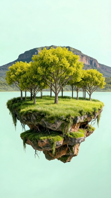 将原图中悬浮岛屿的草地与泥土造型进行完整重构，使其更具自然悬空感与立体层次；所有树木替换为澳洲柠檬香桃叶树（Backhousia citriodora），叶片呈鲜亮黄绿色、具柠檬香气特征，树冠饱满，枝预览效果