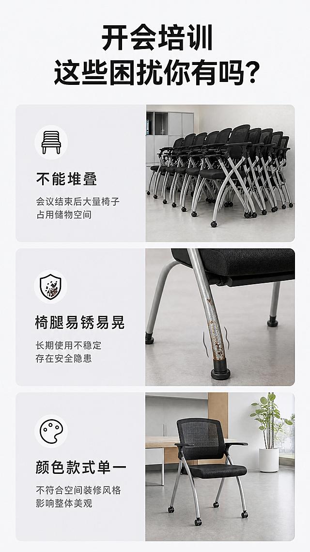 [第2屏] 痛点直击-办公椅使用困扰。
[氛围/风格] 生活化沟通风格，浅灰色背景简洁明了，对比清晰。
[元素布局] 页面顶部大标题 "开会培训 这些困扰你有吗？"，主体分三个竖向卡片，每个卡片对应一个痛点场景：1. 不能堆叠，会议结束后大量椅子占用储物空间；2. 椅腿易锈易晃，长期使用不稳定；3. 颜色款式单一，不符合空间装修风格。每个卡片搭配简约场景示意图，整体干净不拥挤。
[光影质感] 均匀明亮布光，文字和卡片对比清晰，无过暗阴影。
[配色色系] 全局底色 #F8F9FA；卡片浅灰色#E9ECEF；标题黑色#212529，痛点文字深灰色#495057。
[视角构图] 从上到下三栏布局，每栏独立排版，信息层级清晰。
[文字版式] 顶部大字标题 "空间不够用？"，三个痛点卡片每个顶部为图标+痛点标题，下方小字描述，文字大小适配移动端，清晰不拥挤。
[比例分辨率] 9:16 竖版比例，4K分辨率，文字清晰可辨，超高清。
[负向提示词] 文字错乱，排版混乱，水印，多余装饰，产品变形。
