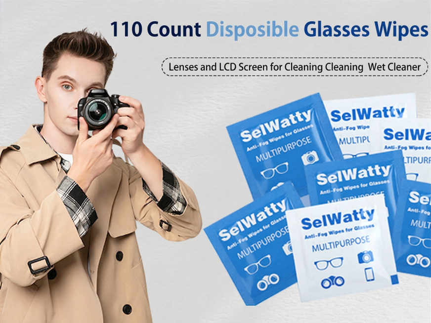 将图中的日语替换为英文：大标题“110 Count Disposable Glasses Wipes”，副标题“Wet Cleaner for Cleaning Lenses and LCD Scre预览效果