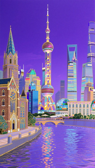 东方明珠+万国建筑+黄浦江，蓝紫色背景预览效果