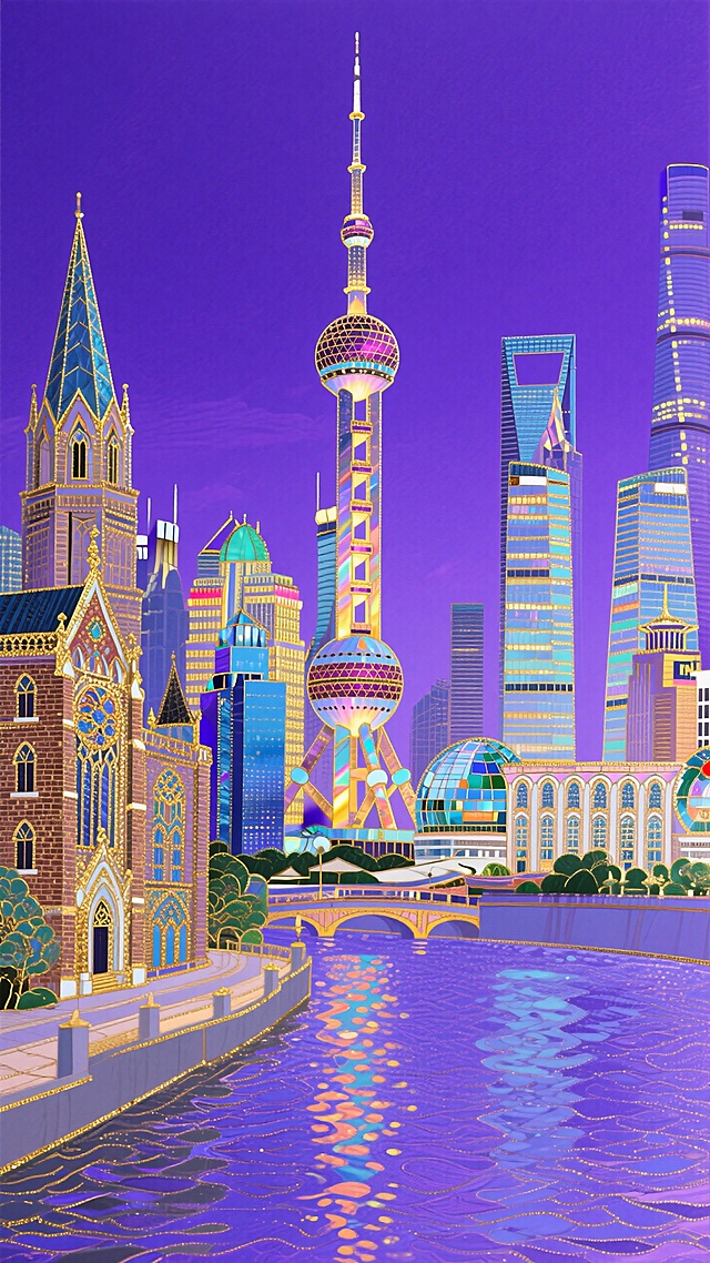 东方明珠+万国建筑+黄浦江，蓝紫色背景