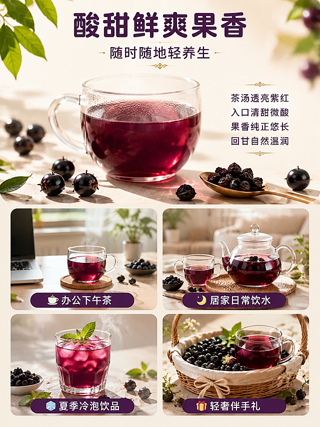 [第3屏] 详情页口感与饮用场景屏——黑果腺肋花楸果茶口感特写+场景拼图。去掉所有产品包装。
[氛围/风格] 清新治愈感，生活场景化，食欲感强，商业摄影质感，与前屏色调统一。
[元素布局] 画面上半部分为口感特写区：一只透明玻璃杯盛着透亮紫红茶汤，杯旁散落几颗黑紫色浆果，杯口有清新水汽，旁边放一小勺干果；下半部分为2×2场景拼图，四个圆角卡片分别展示：办公下午茶场景（电脑旁一杯果茶+浆果装饰）、居家饮水场景（餐桌上的玻璃果茶壶+杯子）、夏季冷泡场景（加冰块的玻璃冷泡果茶饮品+薄荷叶）、轻奢伴手礼场景（精美礼篮装着浆果和茶杯）；所有场景中均不出现产品包装袋、包装盒。
[光影质感] 自然光感，茶汤通透有光泽，浆果表面水润高光，场景温暖柔和，整体明亮清新。
[配色色系] 全局底色 #F7F3EB（浅米杏色）；主色 #4A1A5C（深紫浆果色）；辅助色 #C9A962（暗金色）、#7FB77E（浅绿点缀）。
[视角构图] 上半部分特写+下半部分拼图的上下结构，阅读动线从上到下：标题→口感特写→场景拼图。
[文字版式] 顶部居中主标题「酸甜鲜爽果香」深紫色圆角黑体加粗，副标题「随时随地轻养生」中号深紫色；口感特写区右侧配文字「茶汤透亮紫红 入口清甜微酸 果香纯正悠长 回甘自然温润」横排小字；四个场景卡片下方分别标注：「🍵 办公下午茶」「🌙 居家日常饮水」「🧊 夏季冷泡饮品」「🎁 轻奢伴手礼」，标签为深紫底白字圆角；文字清晰可读，不遮挡画面主体。
[比例分辨率] 3:4竖版比例，4K分辨率，文字清晰可辨，高清画质。
[负向提示词] 包装，袋子，盒子，罐子，包装袋，包装盒，罐装，瓶装，变形，水印，文字错乱，文字过小，颜色偏差，背景杂乱，人物面部不清晰。