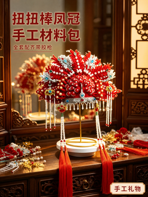 [主图-1] 扭扭棒凤冠成品首图。[氛围风格] 古风唯美中式氛围，古韵雅致。[画质] 商业摄影质感，光线柔和通透，产品清晰真实，画面干净高级。[元素] 扭扭棒凤冠放置在中式实木梳妆台上展示，周围散落部预览效果
