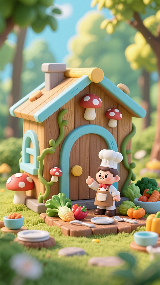 3D卡通风格，拟人小屋与厨师互动，超现实童话场景，可爱温馨。