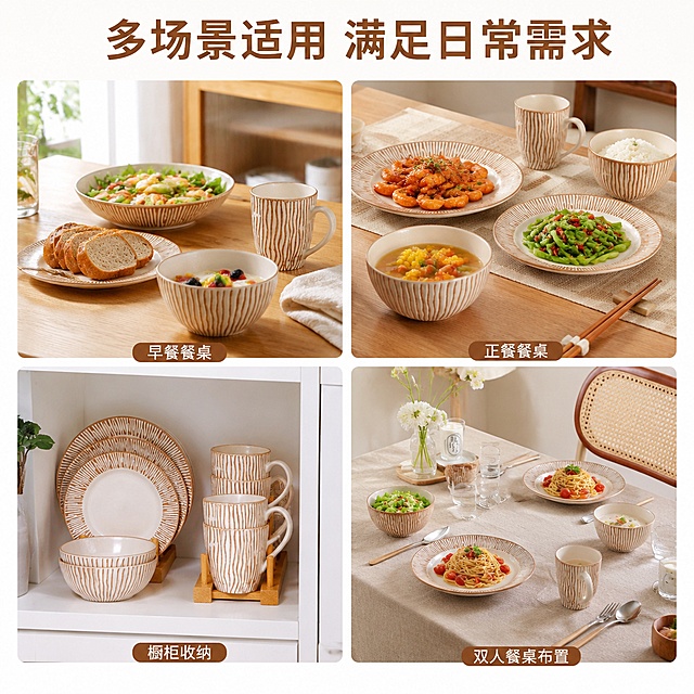 [主图-4] 陶瓷碗盘多场景适用展示宫格图。氛围风格：生活化家庭氛围，真实自然。画质：商业摄影质感，光线自然，场景真实清晰，画面干净高级。元素：保持产品外观与输入产品图绝对一致，杜绝任何变形和色差，精细化处理。采用四宫格构图，分别展示碗盘在四个日常家庭场景的使用：第一格：早餐餐桌装盛沙拉面包，第二格：正餐餐桌搭配饭菜，第三格：橱柜收纳整齐摆放，第四格：双人餐桌面搭配布置。每个场景自然代入，产品使用状态清晰，整体风格统一。商品在每个场景自然呈现，不突兀。光影：每个场景都采用自然光，明亮通透，和真实家庭光线一致，整体光影统一。配色：每个场景都以浅暖家居色调为主，产品棕褐色自然融入。视角构图：四宫格等分构图，每个场景一个视角，都是日常平视角度，整体和谐统一。文字版式：顶部标题写"多场景适用 满足日常需求"，棕褐色粗体居中，宫格每个场景下方小字标注场景名称，字体小巧不遮挡画面。比例分辨率：1:1 比例，2048*2048 分辨率；文字清晰锐利，超高清。负向提示词：变形，文字错乱，产品图模糊，背景杂乱，水印，电商平台Logo。