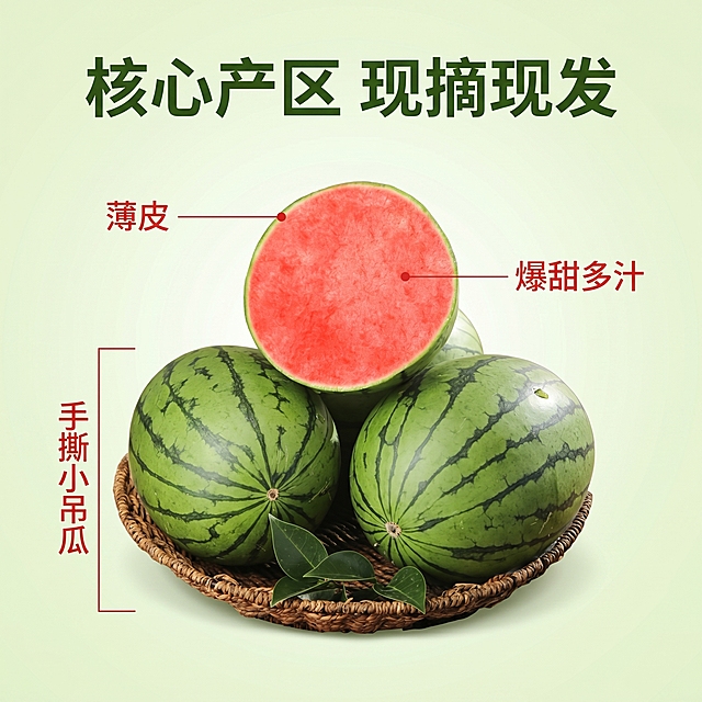 [主图-2] 小糖丸西瓜核心卖点展示，用引线标注突出产品特点。[氛围风格] 清晰直白突出卖点，新鲜自然；[画质] 商业摄影质感，清晰真实，画面干净。[元素] 保持小糖丸西瓜外观与输入产品图一致，完整切开的西瓜居中展示，用纤细引线分别标注三个特点：对应瓜皮位置写"薄皮"、对应果肉位置写"爆甜多汁"、整体标注"手撕小吊瓜"，引线纤细不遮挡果肉。背景是浅绿渐变自然底色。[光影] 柔和均匀影棚自然光，清晰展示每一处细节。[配色] 浅绿背景搭配深绿文字，红色标注，清爽干净。[视角构图] 平视居中，西瓜主体完整展示。[文字版式] 引线标注，每处文字对应正确位置，字体清晰不抢主体。上方大字"核心产区 现摘现发"。[比例分辨率] 1:1比例，2k分辨率；文字清晰。[负向提示词] 变形，水印，文字错乱，遮挡主体，背景杂乱。