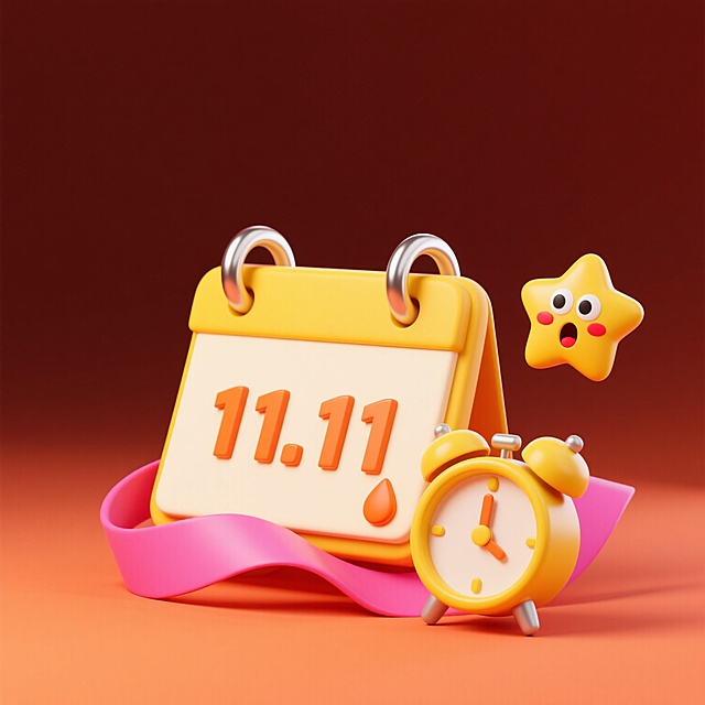 一个3D立体风格的日历图标，主体为黄色日历，顶部有两个带金属光泽的银色活页环，日历页面为米白色，右下角有一个橙色的水滴状装饰。日历旁边有一个黄色的星星眼惊讶表情符号，表情符号有红色的脸颊和张开的嘴巴。日历下方有粉红色的飘逸丝带，整体画面呈现出圆润的几何造型和光滑的渐变质感，具有明亮的高光和柔和的阴影。橙红色背景，在日历前方添加一个黄色的闹钟，闹钟表面以大号醒目字体显示“11.11”，闹钟造型与整体3D风格统一，保持画面的活泼、卡通氛围和设计感。