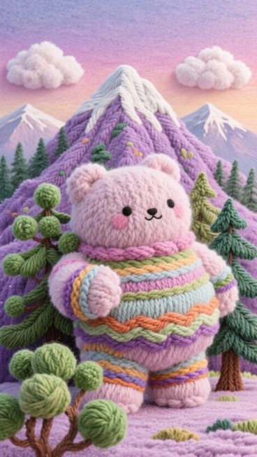 连绵的雪山森林化作了可拥抱的超大号蓬松玩偶。山体是柔软的莫代尔绒，松树是绿色的毛线球簇，云朵是蓬松的棉花糖。天空是粉紫渐变的梦幻色调，整体风格如同吉卜力工作室的动画场景，宁静、辽阔，充满天真无邪的想象预览效果