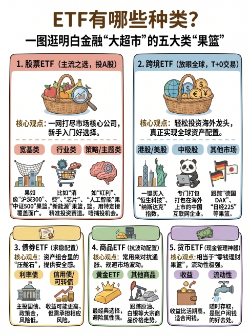 生成ETF种类科普信息图，和参考图一样的漫画手绘风格，大标题"ETF有哪些种类？"副标题"一图逛明白金融'大超市'的五大类'果篮'",内容分五个板块分别介绍股票ETF、跨境ETF、债券ETF、商品ET预览效果