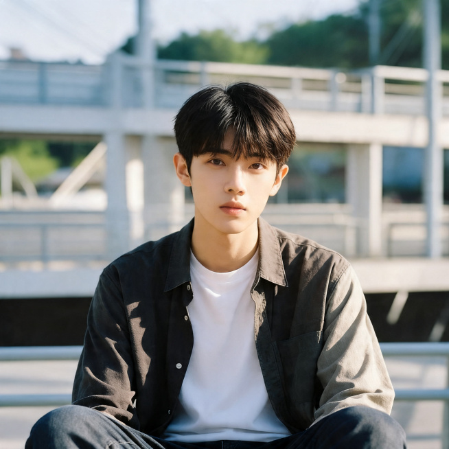 参考图片户外桥上背景，男士短碎发，正面半身坐姿，生成一张全新不同男生的正方形头像，差异化更大，衣服必须不同，保持阳光户外光影效果，高清晰预览效果