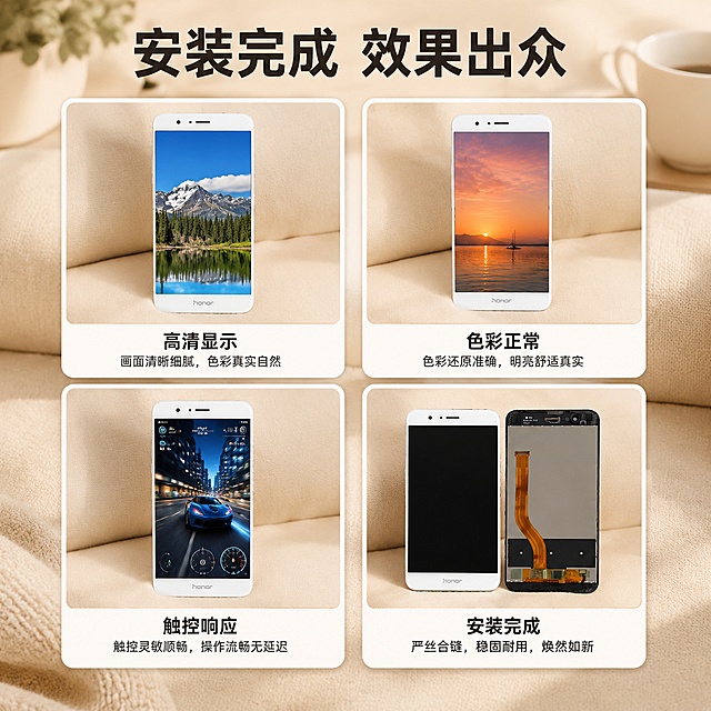 [主图-4] 华为荣耀V9屏幕总成安装效果展示图
[氛围风格] 家居治愈风，浅暖调柔和温馨
[画质] 商业摄影质感、光线柔和通透、产品清晰真实、画面干净高级
[元素] 使用2×2拼卡布局展示屏幕不同显示效果，四个小卡片分别展示：高清显示、色彩正常、触控响应、安装完成，每个卡片展示对应画面，保持屏幕外框和产品外观与原图一致。背景为浅米色柔软沙发家居场景，整体温馨治愈
[光影] 每个卡片光线均匀，屏幕亮度通透，整体画面温馨柔和
[配色] 浅米色背景，产品保持原有色调，卡片白色边框区分
[文字版式] 每个卡片下方标注对应说明文字，主标题放在顶部"安装完成 效果出众"，黑色粗体清晰
[输出要求] 1:1比例，文字清晰可辨，超高清商业摄影质感，禁止出现水印和拼多多Logo
[负向提示词] 变形，文字错乱，产品图模糊，背景杂乱，水印，电商平台Logo