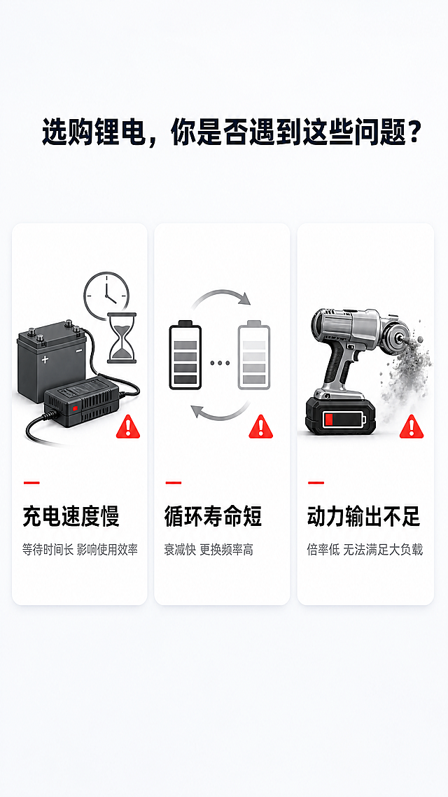[第2屏] 痛点直击-传统动力电池使用困扰分析。
[氛围/风格] 写实生活化风格，浅灰渐变背景，简洁对比版式，清晰传达用户痛点，引发共鸣。
[元素布局] 画面顶部放置大标题，中部分三个卡片区域分别展示三大痛点，每个痛点配简化场景示意图。左侧卡片展示传统电池充电慢困扰，中间卡片展示循环寿命短问题，右侧卡片展示倍率不足动力弱问题。卡片采用白色半透明底配灰色图标，痛点标题使用黑色加粗文字，痛点描述使用小号灰色文字清晰说明。背景干净简洁，不抢夺视觉焦点，突出文字痛点表达。
[光影质感] 均匀柔和漫射光，每个卡片区域光线均匀，文字清晰无阴影，整体明亮干净。
[配色色系] 全局底色：#F5F7FA（浅灰白）；卡片底色：#FFFFFF（纯白）；文字：#1E293B（深灰黑）；辅助色：#E74C3C（红色警示）。
[视角构图] 标准竖向版式，从上至下：大标题区 → 三卡并行区，层级清晰，阅读顺序流畅。
[文字版式] 顶部大标题「选购锂电，你是否遇到这些问题？」黑色加粗，居中放置，字号为画面高度6%。三个卡片分别标题配描述：左卡标题「充电速度慢」，描述「等待时间长 影响使用效率」；中卡标题「循环寿命短」，描述「衰减快 更换频率高」；右卡标题「动力输出不足」，描述「倍率低 无法满足大负载」。每个卡片标题黑色加粗，描述灰色小字，左对齐排版，文字清晰不重叠。
[比例分辨率] 宽高比9:16，4K超高清分辨率，文字清晰可辨。
[负向提示词] 文字错乱，布局混乱，颜色刺眼，产品变形，水印，背景杂乱
