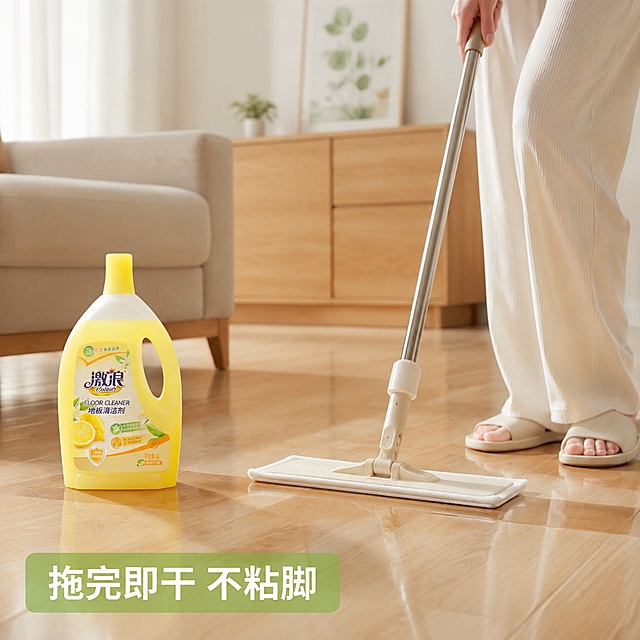 [主图-4] 激浪地板清洁剂真实使用过程抓拍。
[氛围风格] 生活化真实感，原生ins风，区别于常规宫格场景排版。
[画质] 商业摄影质感，光线柔和通透，产品清晰真实，画面干净高级。
[元素] 女生穿着浅色家居裤，手持平板拖把正在拖客厅木质地板，激浪清洁剂瓶身放在脚边干净地面上，人物只露出腿部和下半身， focus在产品和清洁动作上，背景是干净客厅沙发一角，自然不刻意。**保持激浪地板清洁剂产品外观（物理结构、材质质感、颜色）与输入产品图绝对一致，杜绝任何变形和色差，精细化处理**。
[光影] 居家自然午后光线，柔和慵懒，真实不刻意，区别于棚拍平调光。
[配色] 整体暖调原木色，产品黄色自然突出，低饱和家居配色，舒适自然，区别于撞色高饱和设计。
[视角构图] 三分法构图，人物动作在右下，产品在左下，留出上方背景空间，透气不拥挤，抓拍视角更有生活代入感。
[文字版式] 画面左下角浅绿半透明块写白色大字「拖完即干 不粘脚」，仅此一句核心文案，简单直接，不做过多场景标注，区别于常规宫格标注设计。
[输出要求] 1:1 比例，文字清晰可辨，超高清商业摄影质感；
[负向提示词] 变形，文字错乱，产品图模糊，背景杂乱，水印，电商平台Logo，宫格分块排版。