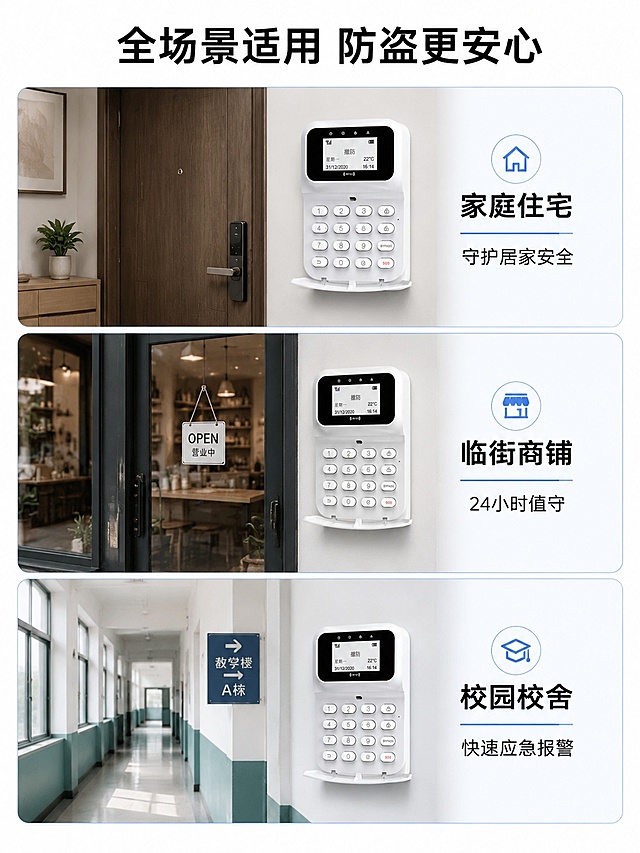 [第7屏] 多场景适配-展示HY-518D报警主机适配家庭/商铺/校园三类场景。
[氛围/风格] 场景化展示，真实环境氛围，清晰产品融合。
[元素布局] 分三个场景小模块，上下纵向排布，每个模块放置场景缩略图+产品+说明文字：1.家庭住宅场景，展示入户安装；2.沿街商铺场景，展示进门安装；3.校园校舍场景，展示走廊安装；产品放置在每个场景的醒目位置，外观与原图一致。
[光影质感] 每个场景光影符合真实环境，产品清晰突出，场景自然不突兀。
[配色色系] 全局底色 #F8FAFC；主色浅灰背景，每个场景模块带浅蓝边框，黑色文字。
[视角构图] 每个场景上下结构，纵向依次排列，阅读动线流畅。
[文字版式] 顶部主标题「全场景适用 防盗更安心」，每个场景标注场景名称+一句话说明：「家庭住宅 守护居家安全」「临街商铺 24小时值守」「校园校舍 快速应急报警」，文字清晰不遮挡产品主体。
[比例分辨率] 3:4 竖版比例，宽度1440，4K分辨率，高清画质。
[负向提示词] 产品变形，场景混乱，文字错乱，缺件错件，颜色偏差。