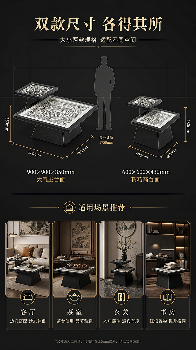 [第7张] 详情页空间尺度页-双尺寸规格对比 + 占地示意 + 适用场景推荐。本张使用【图1】作为产品参考，展示两种尺寸规格的对比。
[氛围/风格] 理性空间规划风，黑金高级感，信息可视化，清晰直观。
[元素布局] 画面上半部分左右对比展示两款尺寸：左侧大号900×900×350款（与图1一致，占比约40%），右侧小号600×600×430款（同款结构，尺寸缩小、高度增加）；两款下方分别标注尺寸数字，中间用等比例人形剪影参照展示占地大小；下半部分为适用场景图标区，四个场景小图横向排列：客厅边几、茶室茶台、玄关摆件、书房陈设；背景为深灰色，配几何辅助线。
[光影质感] 两款产品对称布光，均匀柔和，突出轮廓与比例关系，底部投影体现落地感。
[配色色系] 全局底色 #222222 深灰；主色黑色+木色；辅助色暖金尺寸线、白色数字与文字、浅灰场景图；点缀色米白图标。
[视角构图] 上下分区，上对比下场景，阅读动线从上至下。
[文字版式] 顶部主标题「双款尺寸 各得其所」，副标题「大小两款规格 适配不同空间」；大号下方标注「900×900×350mm 大气主台面」，小号下方标注「600×600×430mm 精巧高台面」；底部四个场景分别标注「客厅」「茶室」「玄关」「书房」，配对应小图标；所有文字清晰可读。
[比例分辨率] 9:16 竖版比例，4K分辨率，文字清晰可辨，高清画质。
[负向提示词] 产品变形，尺寸比例失调，水印，文字过小，图标模糊，颜色偏差。