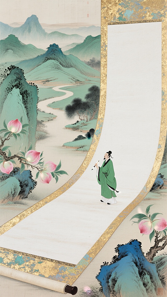巨型空白卷轴蜿蜒成路，一个绿袍迷你文人拿着毛笔立在上面，青绿山水远景，点缀桃子枝，色调以青绿、粉桃、墨色、浅蓝为主，水墨淡彩，大面积留白