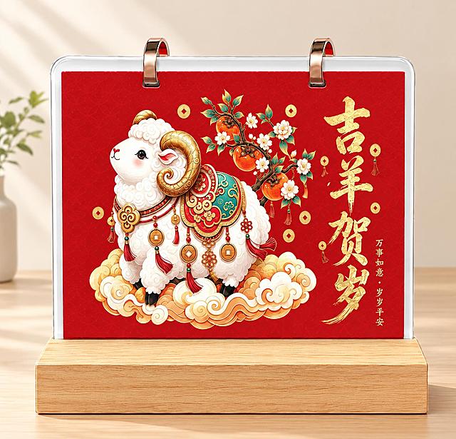 为台历添加简约干净的背景，背景为浅米色纯色墙面搭配浅木色桌面，柔和自然光，简约高级感，突出台历主体，保持台历原样不变