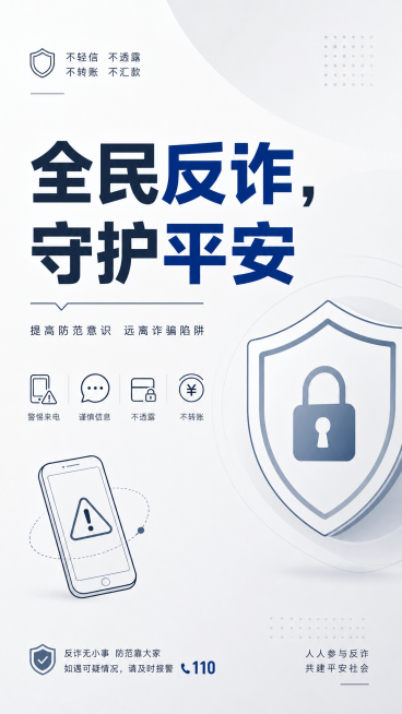 反诈骗宣传公益海报，极简风格，灰白色简约干净背景，大号文字“全民反诈，守护平安”，辅以简单图标装饰，整体简洁不杂乱预览效果