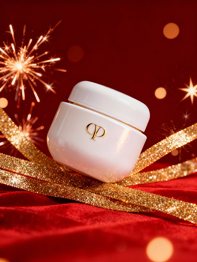 俯视角，圣诞氛围，采用深红色渐变背景，底部为红色布料，搭配烟火、带立体光泽的金色闪光线条，及星芒状、圆点状暖光光斑，光线元素与红色背景形成经典奢华配色。面霜罐斜置于金色闪光线条上方，与光线、光斑形成清晰视觉层次，突出产品主体；