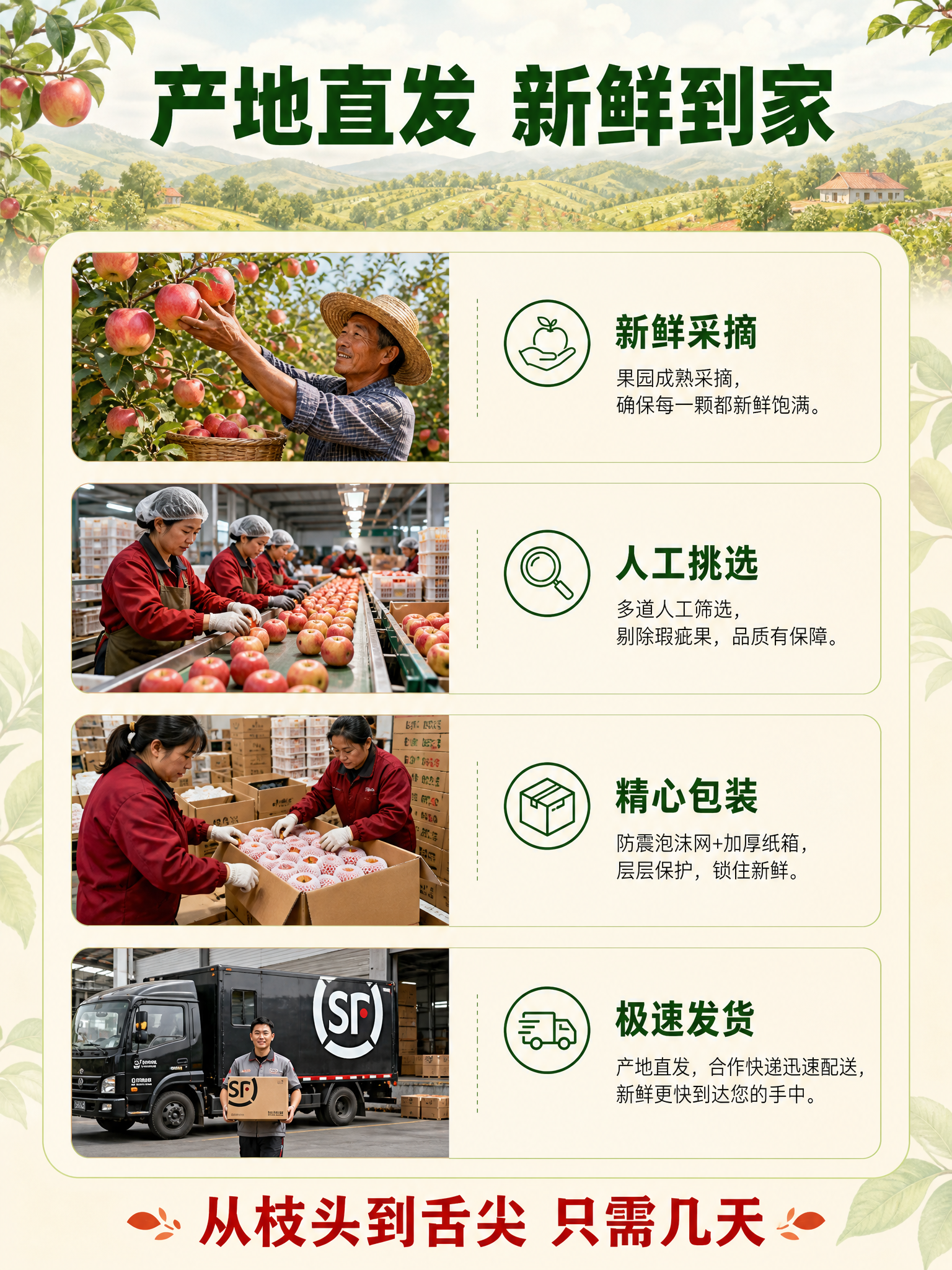 [第6张] 采摘发货-产地直发流程与新鲜保障。本张为流程说明页… - 图片创意预览