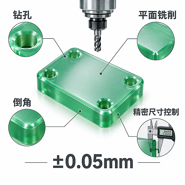 [主图-4] 加工能力图，展示雕刻机&CNC的精密加工能力与尺寸控制精度。
[统一基调] 白底工业主图风，1:1正方形，背景纯白色，整体精密专业，传递CNC加工的高精度可靠感。所有文字颜色统一为深灰色，字体为清晰端正的无衬线体，不变形不拉伸。
[画面] 画面以块状PU聚氨酯零件为中心主体，展示CNC加工的四种核心能力：钻孔、平面铣削、倒角、精密尺寸控制。零件上清晰标注出钻孔位置（四角圆孔）、平面铣削面（平整的顶面）、倒角边缘（四周圆润倒角），并用引线或标注线指向对应的加工能力说明。画面显著位置标注公差精度"±0.05mm"，突出精密尺寸控制能力。可搭配小型CNC刀具或加工头的示意图形，增强加工场景感。整体布局围绕零件展开，各项加工能力用标注线清晰引出，信息层次分明。
[光影质感] 工业产品精密摄影质感，半透明绿色PU零件光影细腻，表面光滑，孔位和倒角边缘锐利清晰，体现精密加工的品质。尺寸标注线和公差数字清晰精确，传递专业精密的感觉。
[配色] 背景纯白色，产品主体为半透明翠绿色，标注线、引线和图标为深灰色，所有文字均为深灰色。公差"±0.05mm"可用稍大字号突出，但颜色仍保持深灰色。整体配色简洁精密，工业感强。
[文字版式] 各项加工能力名称"钻孔""平面铣削""倒角""精密尺寸控制"为深灰色无衬线粗体，沿标注线排列或横排。公差"±0.05mm"字号较大，醒目突出，深灰色无衬线粗体。所有文字清晰端正，不变形不拉伸。画面中仅出现指定的加工能力文字和公差文字，不出现任何额外自动生成的文字。
[输出要求] 1:1正方形比例，2K分辨率，四种加工能力区分明确，公差±0.05mm醒目，零件细节清晰，文字清晰无错字，字体端正不变形，画面干净无水印、无Logo、无多余杂物。