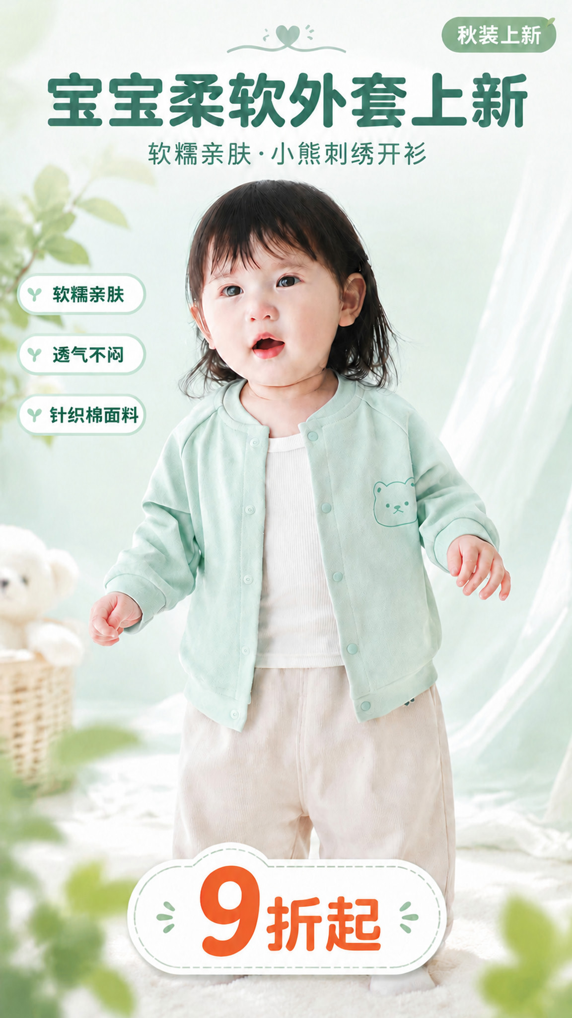 在这张童装竖版海报上进行局部编辑：删除画面右侧整列的四个卖点标… - 图片创意预览