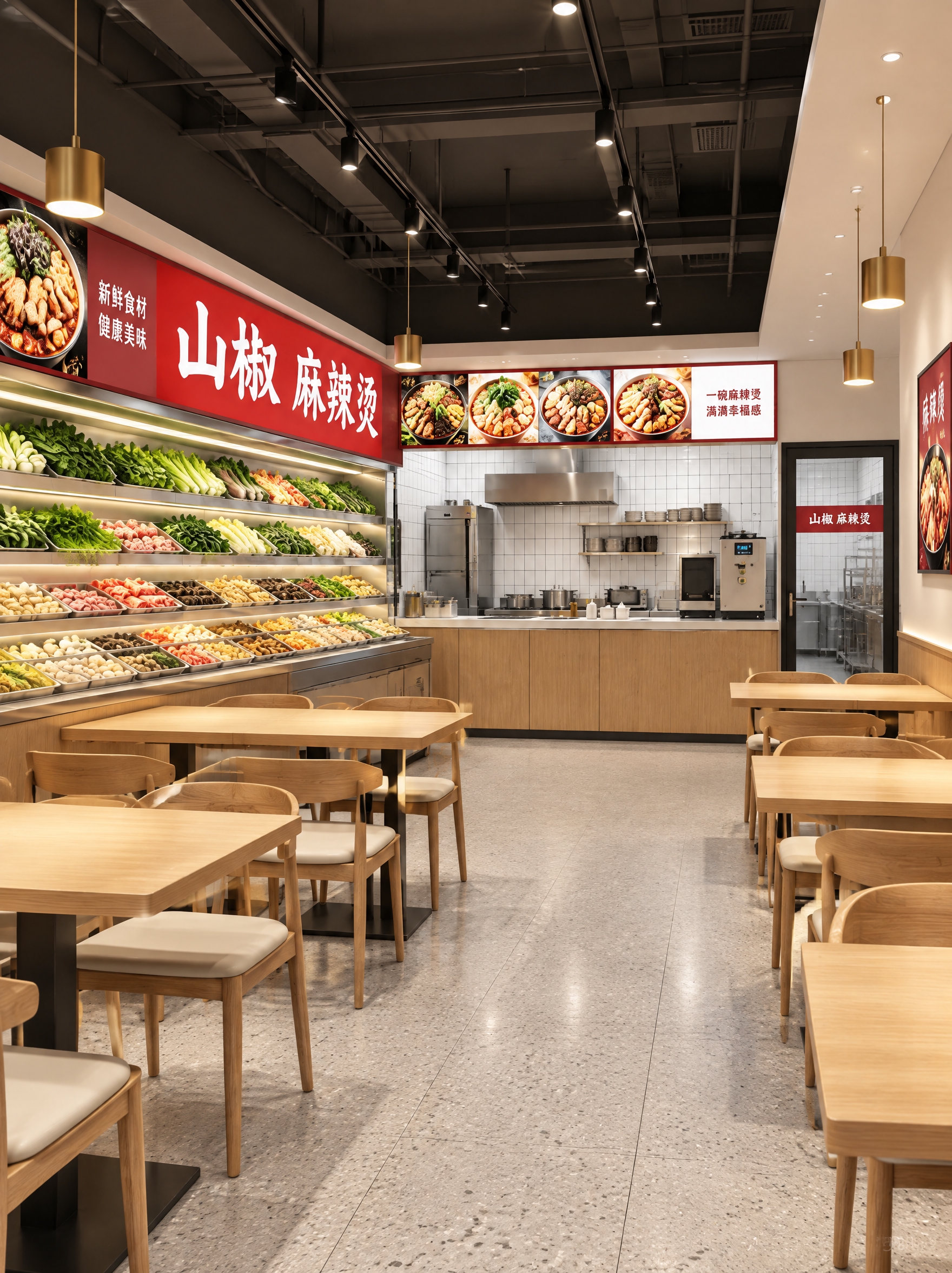 图生图模式：参考4张麻辣烫门店照片的整体风格（现代简约、原木+… - 图片创意预览