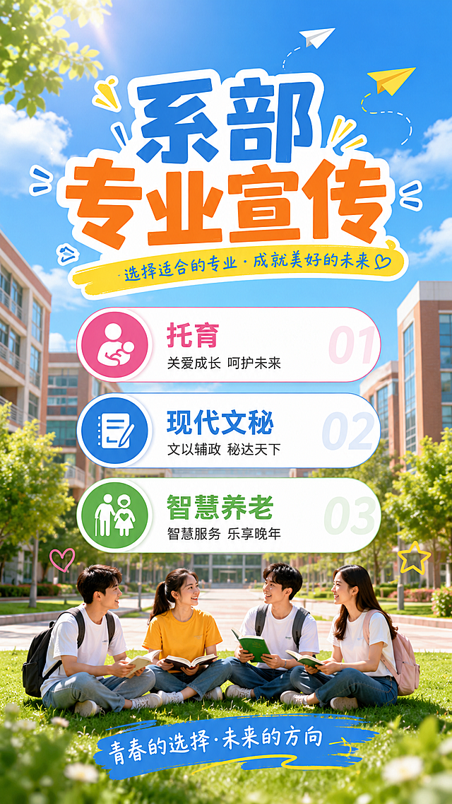 H5首页封面图，青春校园风，标题是"系部专业宣传"，下方展示托育、现代文秘、智慧养老三个专业名称，背景为大学校园青春场景，整体色彩明亮活泼，排版清晰美观，适合移动端展示