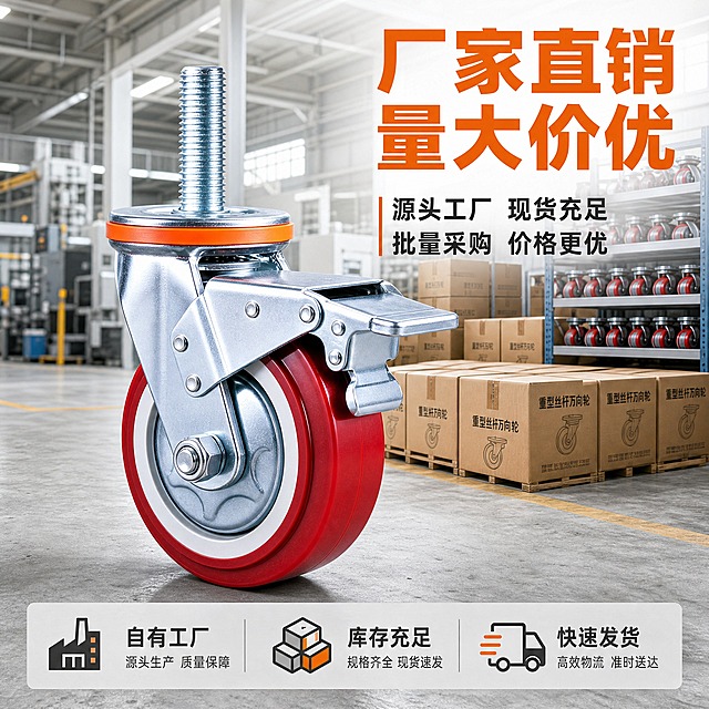 [主图-4] 重型丝杆万向轮 厂家直销量大价优卖点图，突出工厂直供的价格优势和批量采购优惠。
[统一基调] 工业马路风格，浅灰色水泥地面背景，不要太黑，整体明亮干净，工业质感，主标题用橙色粗体大字，辅助文字用深灰色，强调色为橙色，字体为硬朗工业风无衬线粗体，文字清晰不遮挡轮子主体。
[画面] 画面左侧展示一个重型丝杆万向轮（刹车款）特写，红色轮面、白色内圈、镀锌金属支架、橙色防尘圈、银色丝杆，产品外观结构材质颜色与输入图完全一致，轮子不变形，产品占画面约45%。右侧和背景融入工厂仓库场景元素：整齐堆叠的包装箱、货架上的批量轮子成品、隐约可见的厂房生产线，体现厂家规模和现货库存。轮子放置在浅灰色水泥地面上，背景明亮不昏暗。
[光影质感] 商业工业摄影质感，金属反光清晰，轮面质感真实，工厂背景有自然的空间纵深感，产品主体光影突出，底部有接触阴影。
[配色] 背景浅灰工业厂房风，产品红色突出，橙色为强调色，整体明亮。
[文字版式] 画面右上方主标题「厂家直销 量大价优」橙色粗体大字；下方分两行辅助文字「源头工厂 现货充足」「批量采购 价格更优」深灰色；底部有一条浅灰色信息条，内有三个小图标分别对应「自有工厂」「库存充足」「快速发货」，配简短文字说明。文字不遮挡轮子主体。
[输出要求] 1:1正方形比例，产品清晰不变形，文字清晰可读，工业马路风格，背景不要太黑，凸显轮子，不要静音，不要免费开专票字样，无水印，无平台logo，无错字。