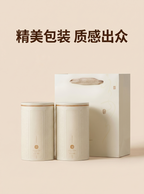 [详情图 5] 陈年普洱熟茶外包装完整展示竖版详情图。[氛围风格] 轻奢简约，突出包装精致感；[画质] 商业摄影质感、光线柔和通透、产品清晰真实、画面干净高级。[元素] 米白色双罐茶叶礼盒搭配手提袋完预览效果