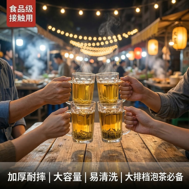 电商主图，四个和参考图杯体形态完全一致的加厚透明把手玻璃把杯，都泡着热茶，朋友们拿着杯子碰杯在夜市大排档木质桌子上，暖黄串灯氛围充满烟火气，左上角保留红色方形文字"食品级接触用"，底部保留卖点文字"加预览效果