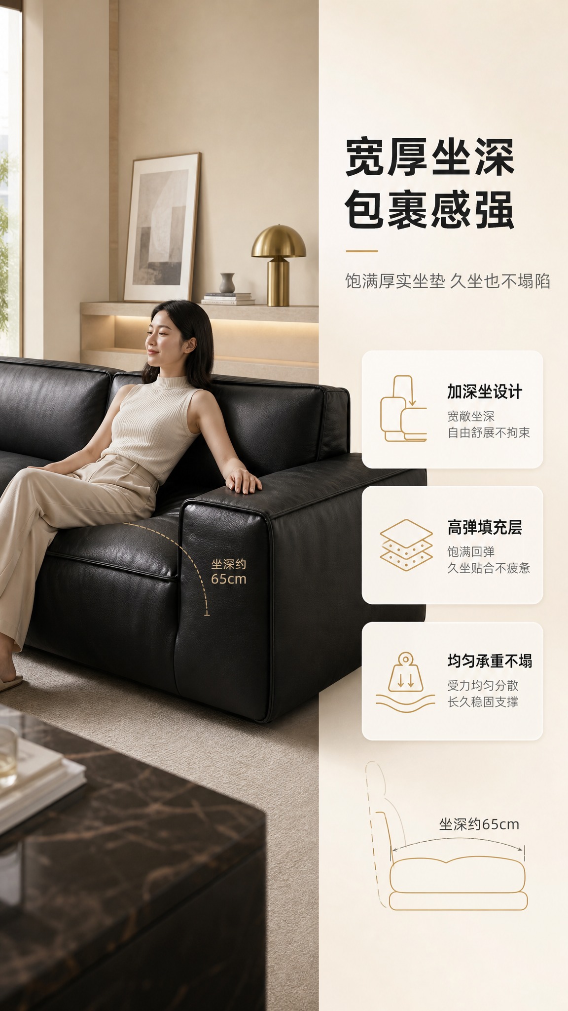 [商品] 使用【图1】黑色真皮三人位模块沙发；保留方正箱体结构… - 图片创意预览