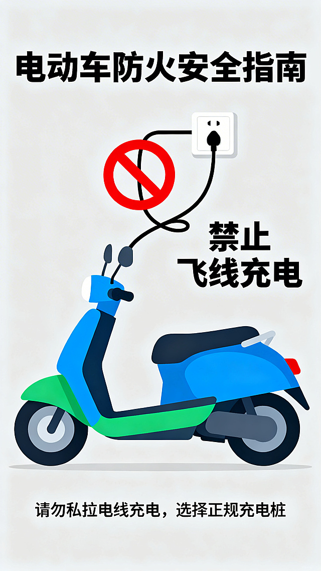 消防知识科普海报，统一扁平化插画风格，主题：电动车防火安全，包含禁止飞线充电提示，简约干净，色块分明，科普宣传向