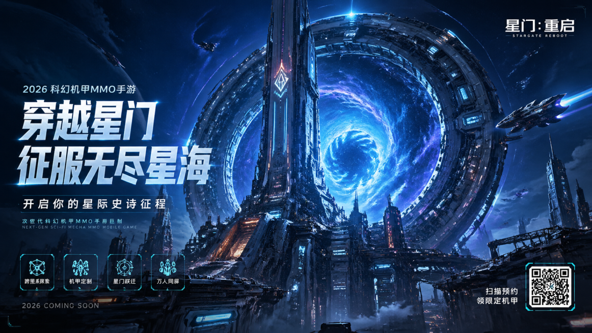 2026年科幻机甲题材MMO手游宣传海报，硬科幻+赛博朋克风格，画面核心是巨型未来建筑，搭配标志性的环形星际传送装置星门虫洞发生器。高耸的摩天塔状建筑充满工业机械结构、发光管线与未来金属质感，是典型的预览效果