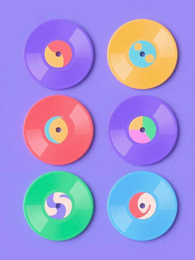 6张不同配色、不同样式的唱片，3D卡通风，纯色背景，排列整齐，唱片具有平滑的弧形边缘和中心孔洞，每张唱片表面有独特的色彩搭配和简约图案，整体设计简洁明快，色彩鲜明，视觉层次清晰，符合现代卡通风格的设计感，适合作为装饰或宣传用途，画面构图平衡，唱片之间间距均匀，呈现出整齐有序的视觉效果。