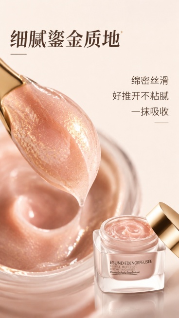 [第3屏] 膏体质地展示屏-鎏金焕颜修护霜质地微距。本屏使用【图1】产品外观参考。
[氛围/风格] 微距质感，柔焦氛围感，高级美妆摄影，突出产品细腻鎏金质地。
[元素布局] 画面左侧为挖取一勺修护霜的预览效果
