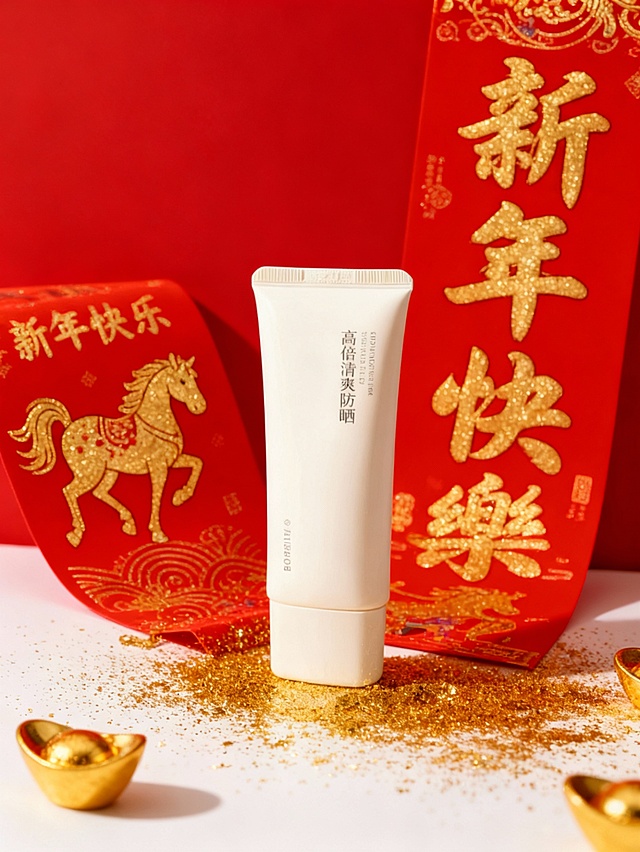 红金国风写实风设计，白色防晒软管与马年春联、金元宝等新年元素结合，营造红火喜庆的新年护肤氛围
