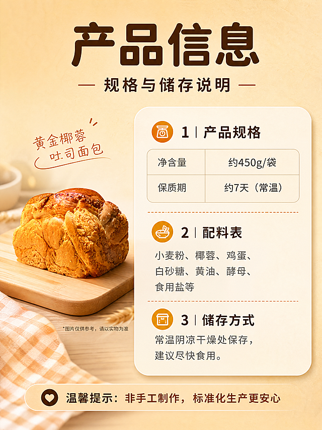 [商品] 使用【图1】黄金椰蓉吐司面包；保留吐司的编织造型、金黄酥皮、椰蓉颗粒与整体比例；缩小放置在规格信息旁作为产品示意，不改变面包结构与颜色。
[画面] 页面目标：规格与储存信息页，清晰展示产品参数、配料与储存方式，方便消费者决策。构图：规格营养同页型，左侧为缩小的吐司产品图（占画面约30%），右侧为规格与配料信息表格区；背景为干净的浅米色带细微纹理，前景为信息卡，中景为产品图与表格，后景为柔和渐变，形成3层信息层级。整体简洁清晰，信息易读。
[视觉] 套系策略：风格=暖调温馨家常商业摄影风；标题字=圆润无衬线粗体（思源黑体Heavy类）；正文字=简洁无衬线体（思源黑体Regular类）；主色=暖橙黄（取自面包酥皮）；背景延展=基于暖橙黄做深浅层级、同色渐变与细腻纸张/木质感；强调色=深棕褐色，仅用于小面积图标、引线和标签；标题色=深棕褐色；正文色=中暖灰；组件=圆角浅米色信息卡、细棕线引线、小圆点icon；光影=左前侧暖柔光，自然明暗过渡。背景、道具、卡片按主色做深浅/明暗/材质延展；强调色只用于小面积图标、引线、标签或局部光效；产品信息面清晰，逆光只作背景或轮廓光。
[文字] 顶部主标题「产品信息」（4字），副标题「规格与储存说明」（6字）；下方分三个信息区块：①「产品规格」：净含量约450g/袋、保质期约7天（常温）；②「配料表」：小麦粉、椰蓉、鸡蛋、白砂糖、黄油、酵母、食用盐等（简洁列出主要配料）；③「储存方式」：常温阴凉干燥处保存，建议尽快食用；底部一行温馨提示「非手工制作，标准化生产更安心」；所有文字横向排版，表格清晰，手机端可读。
[规格] 图片比例3:4竖版，4K分辨率，负向提示：避免变形、错字、文字过小、冷蓝/蓝灰背景、面包颜色改变、信息混乱、绝对化用语、虚假承诺、手工制作暗示。