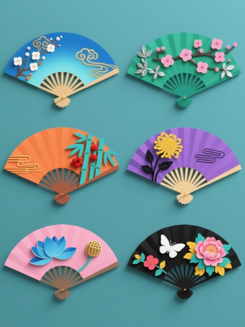 六个不同样式的中国风折扇系列素材集合，规整排布于纯色背景上。每个折扇保持传统扇面结构，但各具特色：1. 蓝色渐变扇面配金色祥云纹与白色梅花；2. 绿色折扇饰以粉色桃花和银色枝叶；3. 紫色扇面点缀黄色菊花与黑色线条；4. 橙色折扇搭配青色竹叶和红色果实；5. 粉色扇面绘制蓝色莲花与金色莲蓬；6. 黑色折扇装饰彩色牡丹与白色蝴蝶。所有折扇均采用类似的剪纸质感和立体层次，整体风格统一且色彩各异，适……预览效果